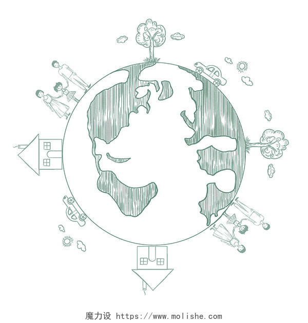 手绘线性地球日地球插画元素素材世界地球日环保保护环境插画